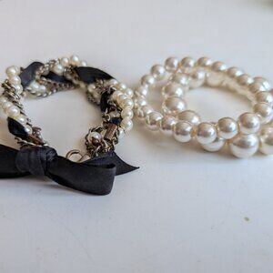 2 Pearl Themed Bracelets, 1 White and 1 White/Black/Gold